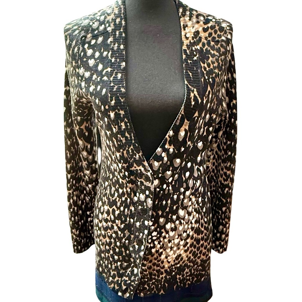 Trina Turk Merino Wool Cardigan Animal Print Button Front Lightweight Sweater L